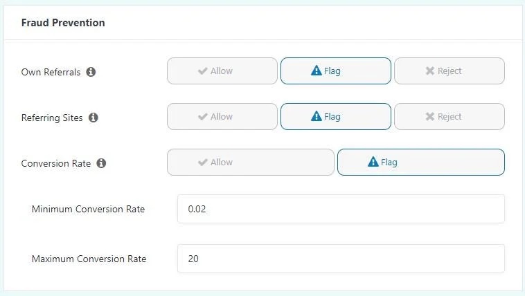 Screeshot of Easy Affiliate fraud settings