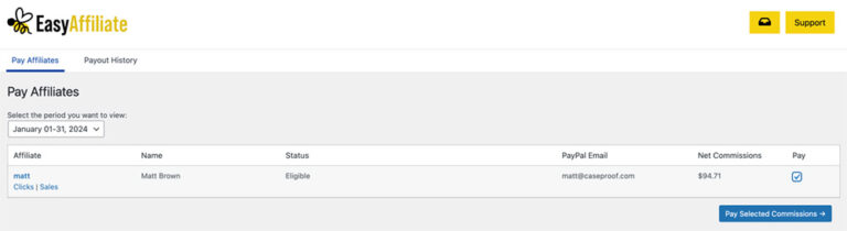 Screenshot showing Easy Affiliate one-click payout.