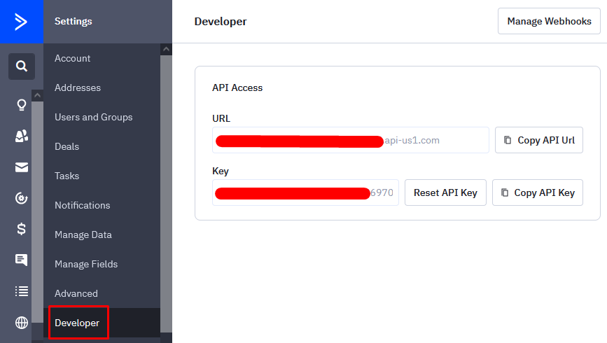 Active Campaign Developer Settings