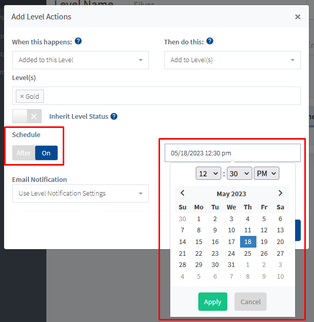 Level actions schedule options
