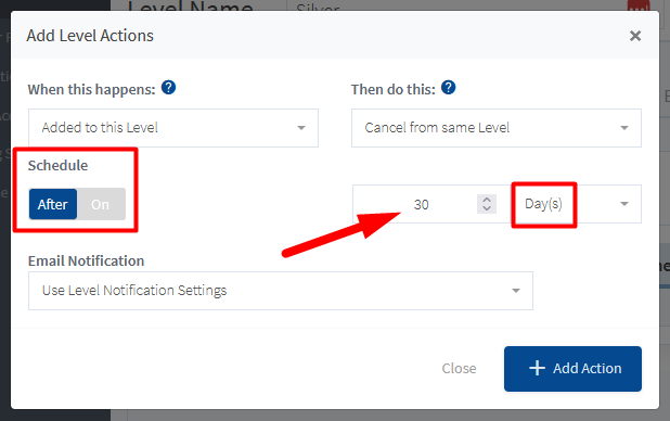 - WordPress Membership Plugin - Membership Sites setting the Schedule slider to "After" and selected "30 Days".