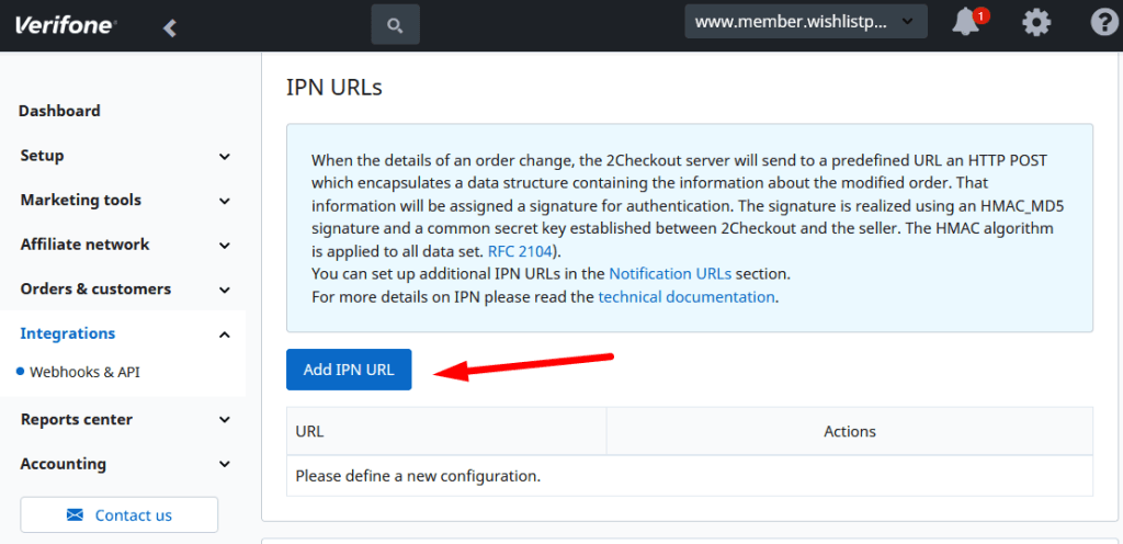 adding IPN URL to 2Checkout