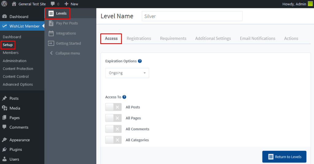 WishList Member Access Settings