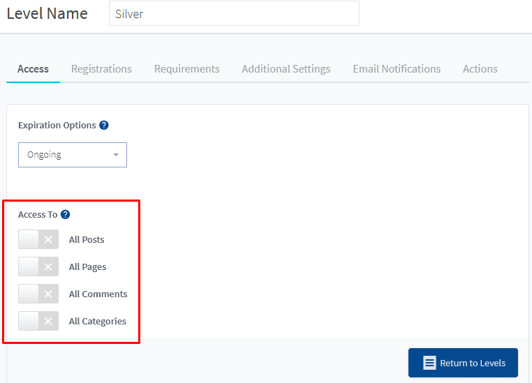WishList Member membership level access settings