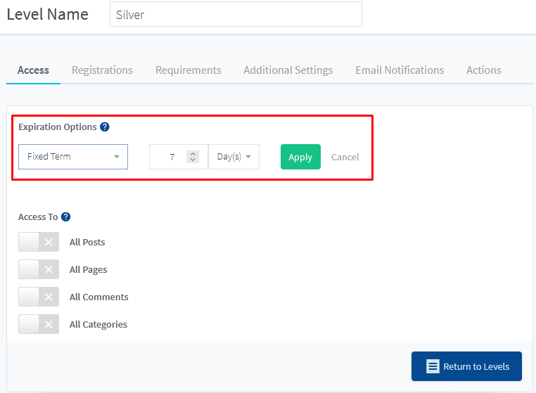WishList Member membership level access expiration settings