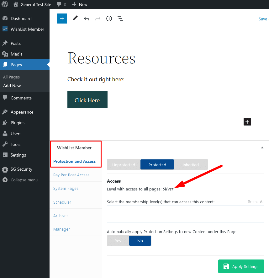 WishList Member protection and access settings