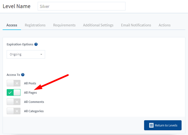 WishList Member setting membership level access