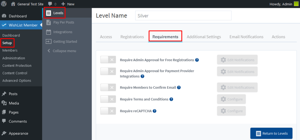 WishList Member Registration Requirements Settings