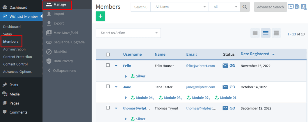 Manage Members - WishList Member