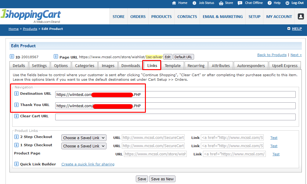 Pasting thank you URL to 1shoppingcart