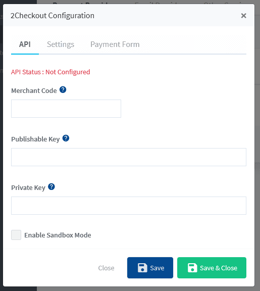 2Checkout API status configuration
