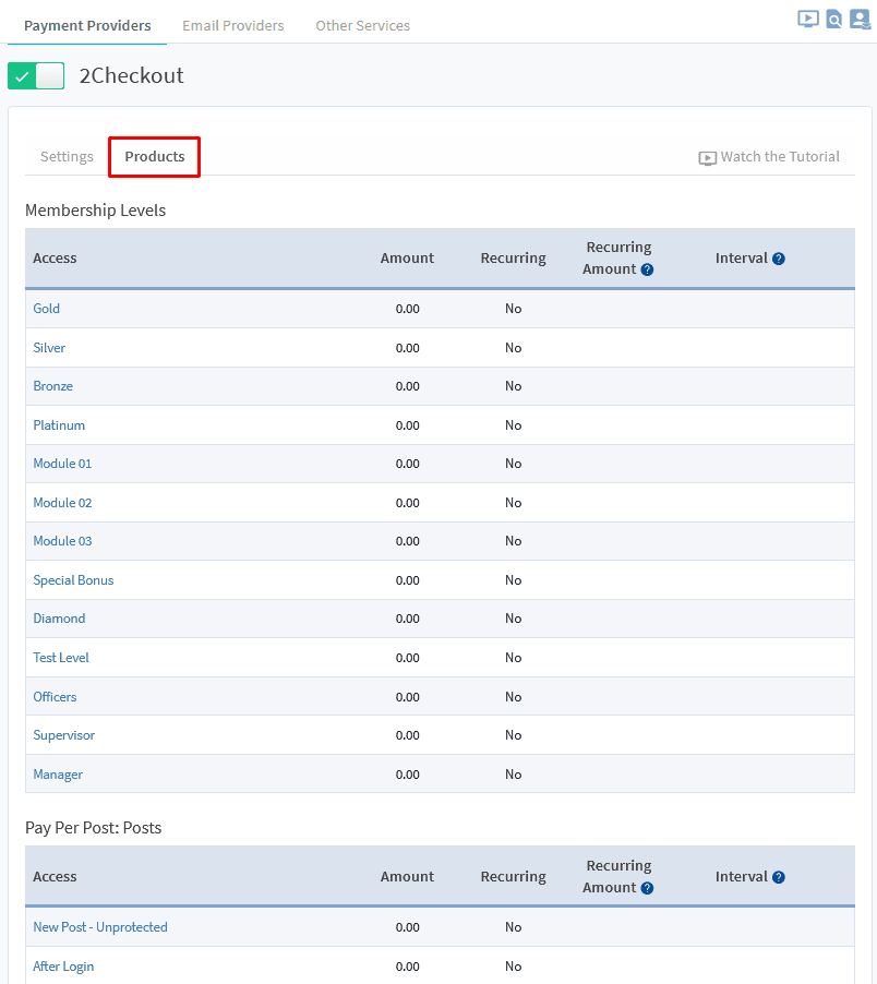 2Checkout product settings inside WishList Member