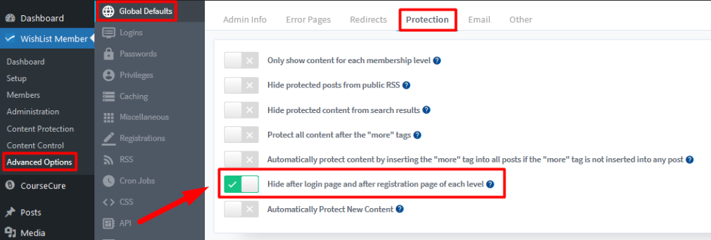 WishList Member Global Defaults - Protection Settings