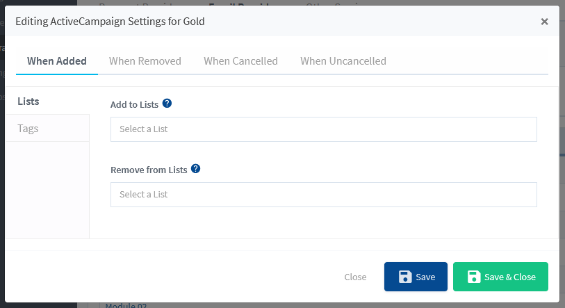 Editing ActiveCampaign Settings for WishList Member Levels
