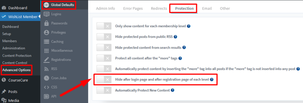 WishList Member Protection Settings