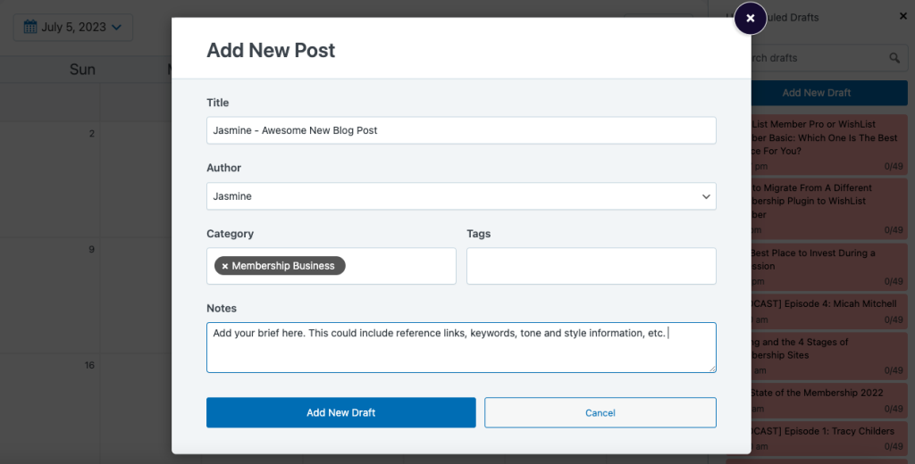 Strive New Draft Popup